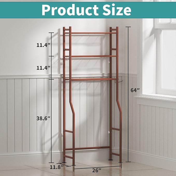 3-Tier Over The Toilet Storage Organizer, Space-Saving Bathroom Rack with Paper Holder & 4 Hooks, 64" Tall Freestanding Carbon Steel Shelf for Small Apartment Laundry Room (Bronze)
