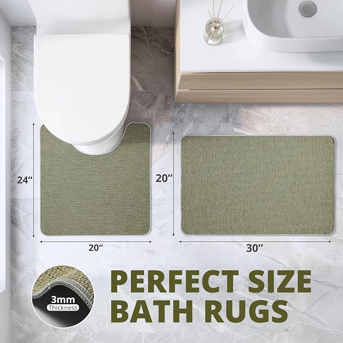 Bathroom Rugs Sets 2 Piece, Thin Bath Mat & U-Shaped Contour Toilet Rug Absorbent Quick Dry, Machine Washable, Non Slip Low Pile Bath Mats for Bathroom/Tub/Sink/Shower (30"x20" +24"x20" U, Sage Green)