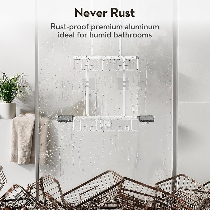 Over the Door Shower Caddy Hanging With Double Soap Holder Never Rust Aluminum Shower Shelf With 4 Hooks Hanging Bathroom Organizer No Drilling Shelves for Bathroom Storage Silver