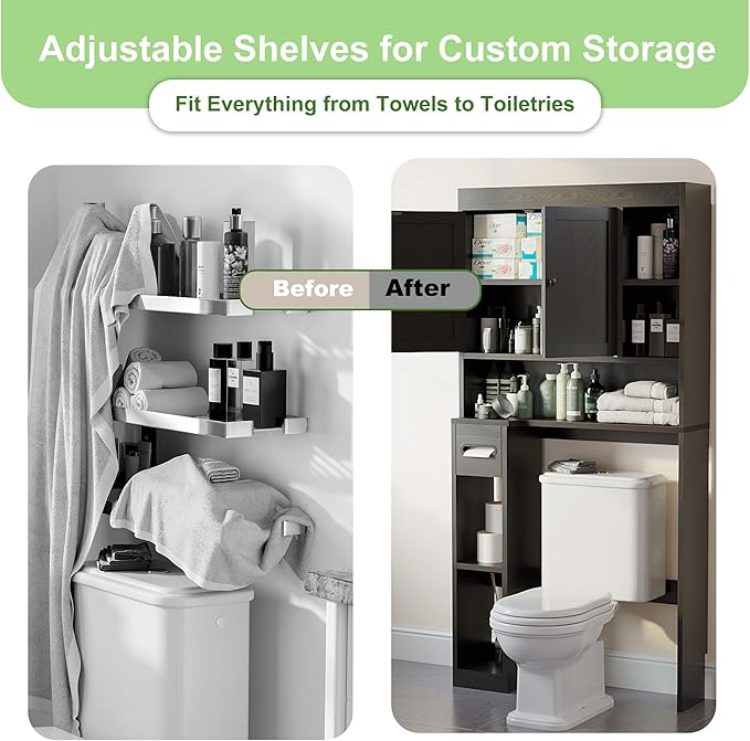 Over The Toilet Storage Cabinet with 7 Shelves, Imitation Walnut Grain Above Toilet Bathroom Organizer with Toilet Paper Holder Stand, Space Saver for Restroom, Laundry, Bathroom (Black)