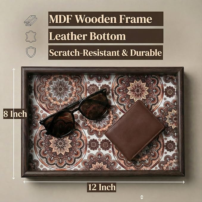 Wooden Valet Tray with Leather Base - Nightstand Catchall Organizer for Cologne, Perfume, Keys, Wallet, Phone, Watch, Jewelry & Sunglasses (Bohemian)