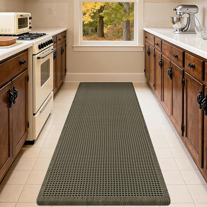 IM HOME Extra Large Waffle Bath Mat, Greyish Green 5'x2', Boho Bathroom Rugs Absorbent Non Slip, Ultra Soft Bathroom Mat, Machine Washable Knit Bath Rugs with Tassels for Bathroom, Kitchen, Tub
