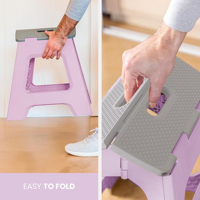 Vigar Compact Folding Step Stool - 12-1/2 Inch Foldable Step Stool for Adults, Lightweight Portable Stool with Handle, Non Slip Step Stool, Space-Saving Stool up to 330 lb - Purple