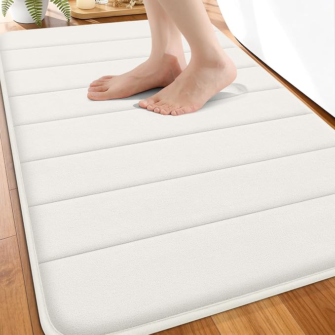 OLANLY Memory Foam Bath Mat 30x20, Super Soft Absorbent Bathroom Rugs, Quick Dry, Machine Washable Shower Floor Rugs, Bathmat Carpet, Bathroom Home Decor Accessories, Ivory