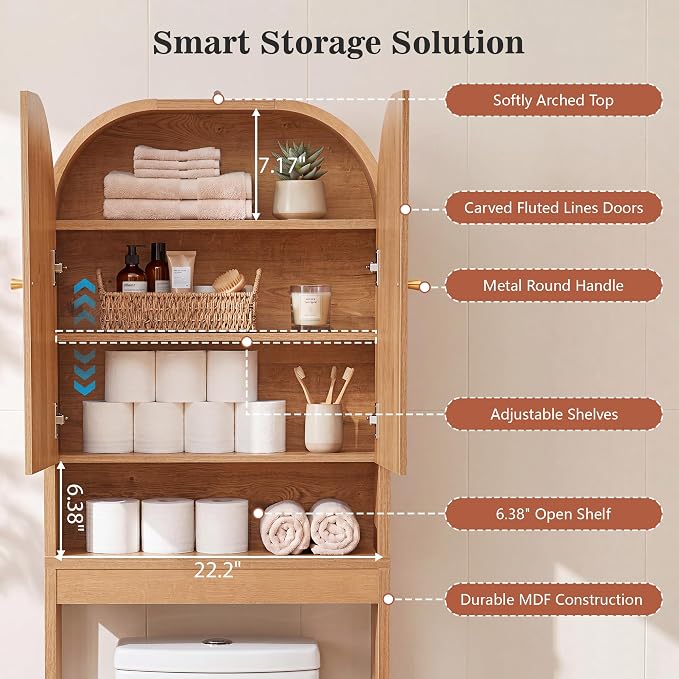 Over the Toilet Storage Cabinet, 70" Tall Bathroom Space Saver with Fluted Grooved Doors, Freestanding Over Toilet Organizer with Adjustable Shelves & Soft-Close Hinges for Small Bathrooms (Caramel)