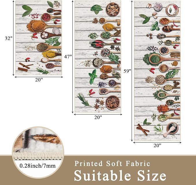 Vaukki Boho Kitchen Rug Sets 3 Pieces, Washable Kitchen Mats for Floor, Non Slip Soft Kitchen Area Rug Floor Mat for Kitchen, Laundry Room and Hallway (Spice-Wooden, 20''x32''+20''x47''+20''x59'')