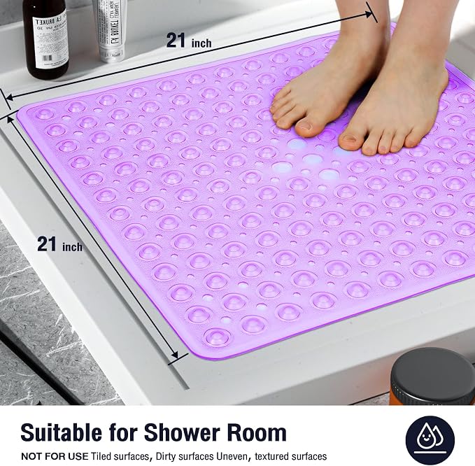 Square Shower Bathtub Mat Non Slip for Inside Shower Clear Purple 21x21 Inch, Shower Stall Mats for Bathroom Floor, Soft Bath Mat for Tub with Big Suction Cups Drain Holes, Easy Washable Dry
