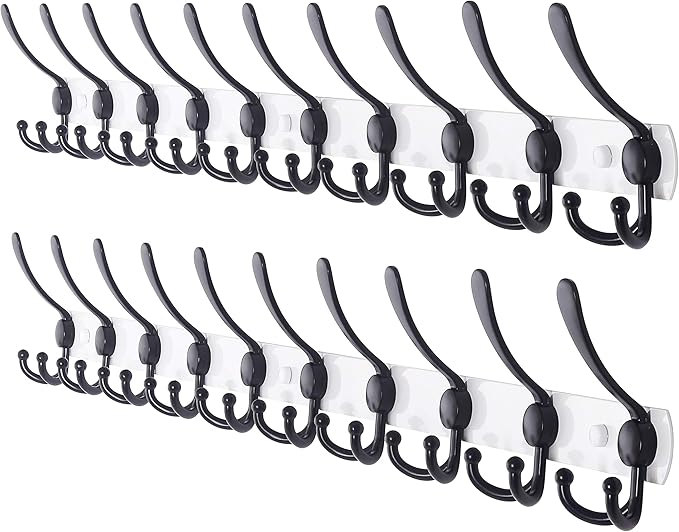 Dseap Coat Rack Wall Mount - 38” Long 10-Tri-Hooks Heavy Duty Coat Hanger Rail Wall Hooks for Hanging Coats Hats Clothing Clothes Purse Mudroom Entryway, White/Black, Pack of 2