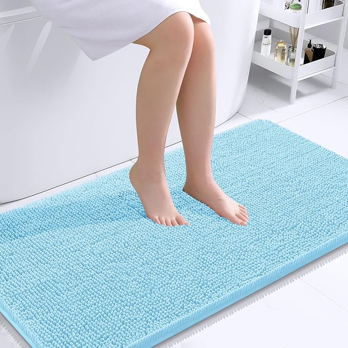 OLANLY Bathroom Runner Rugs 44x24, Soft Absorbent Chenille Bath Rugs, Rubber Backing Quick Dry, Machine Washable Long Bath Mats for Bathroom Floor, Tub and Shower, Home Decor Accessories, Sky Blue