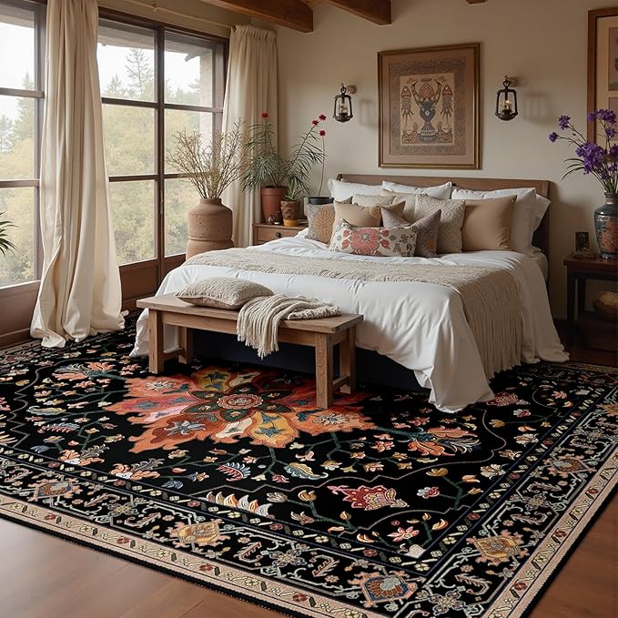 RELEANY Area Rugs Large 10'x12' Washable Non-Slip, Floral Vintage Distress Medallion Carpet for Living Room Bedroom Dining Room, Black Colorful Floral Dark Tan