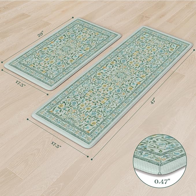 KIMODE Kitchen Mats for Floor Anti Fatigue, Kitchen Floor Mats 17.3"x29"+17.3"x47", Boho Floral Kitchen Rugs Sets of 2, Comfort Padded Rugs for Kitchen Floor Laundry Office Sink Desk Blue Green