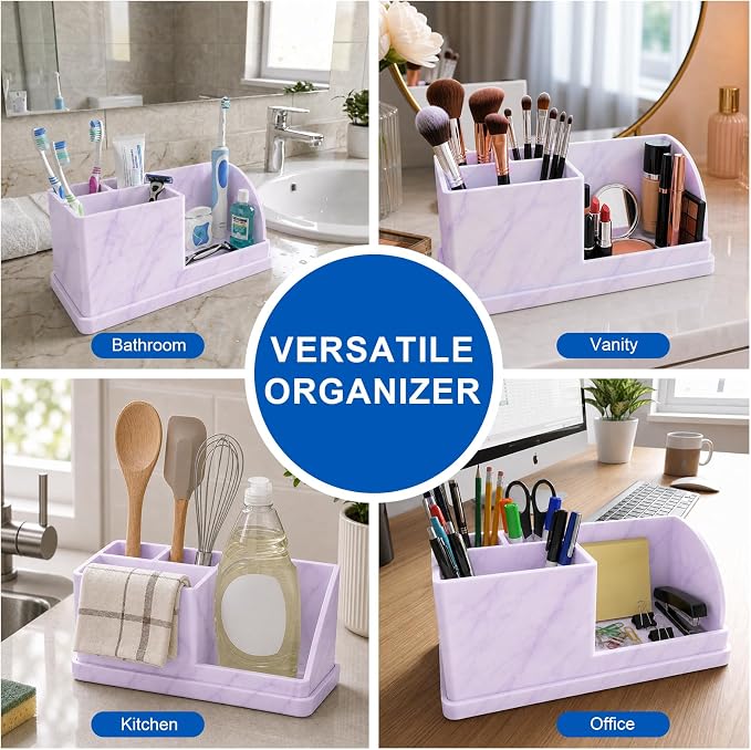 Bathroom Toothbrush Holders, 4 Slots Silicone Counter Organizer Storage with Purple Marble Texture, Detachable Anti-Slip Vanity Organizer for Electric Toothbrush, Toothpaste & Phone