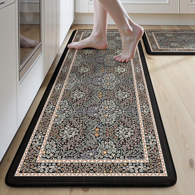 Collive Kitchen Mats for Floor, Cushioned Anti Fatigue Mat Floral Rugs 2 Piece Non Skid Waterproof Sink Rug, Memory Foam Comfort Standing Mat for Office, Laundry, Desk, Black/Mulit