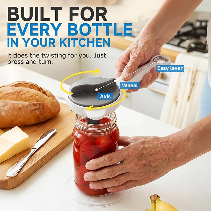 2026 Upgraded 4-in-1 Jar Opener - Adjustable Stainless Steel Lid Remover for Seniors & Arthritis Sufferers, Fits Kitchen Jars, Bottles & Cans Grey