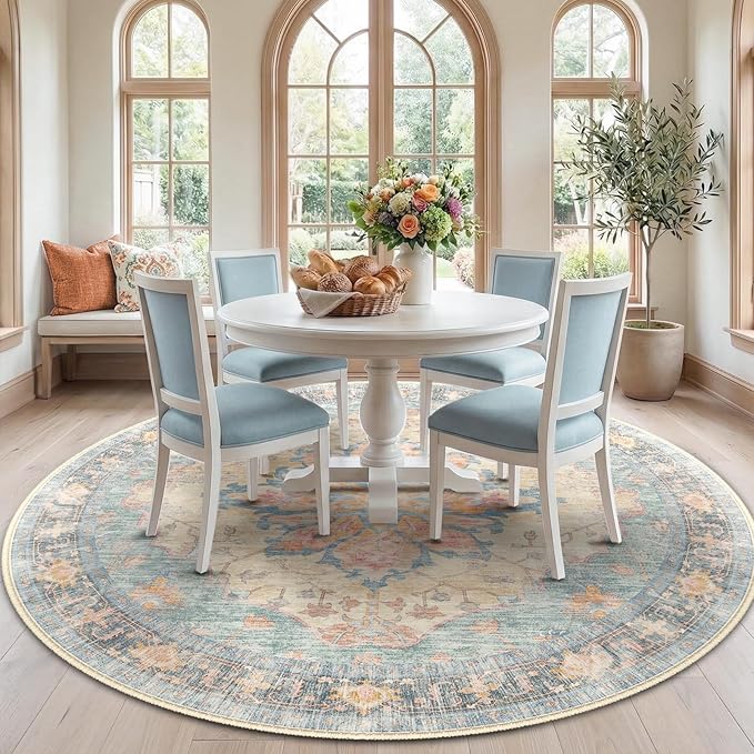 RELEANY Area Rugs Round 7ft Washable Non-Slip, Floral Vintage Distress Medallion Carpet for Living Room Bedroom Dining Room, Blue Orange Red