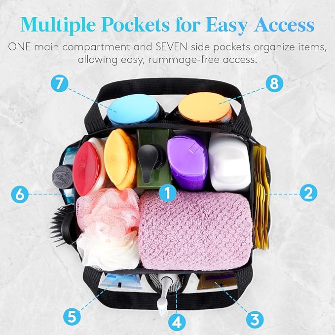 Lifewit Mesh Shower Caddy Portable for College Dorm Room Essentials with 7 Pockets, Freestanding Hanging Organizer Basket, Quick Dry Tote Bag for Camping, Bathroom, Beach, Travel, 1 Pack, Black