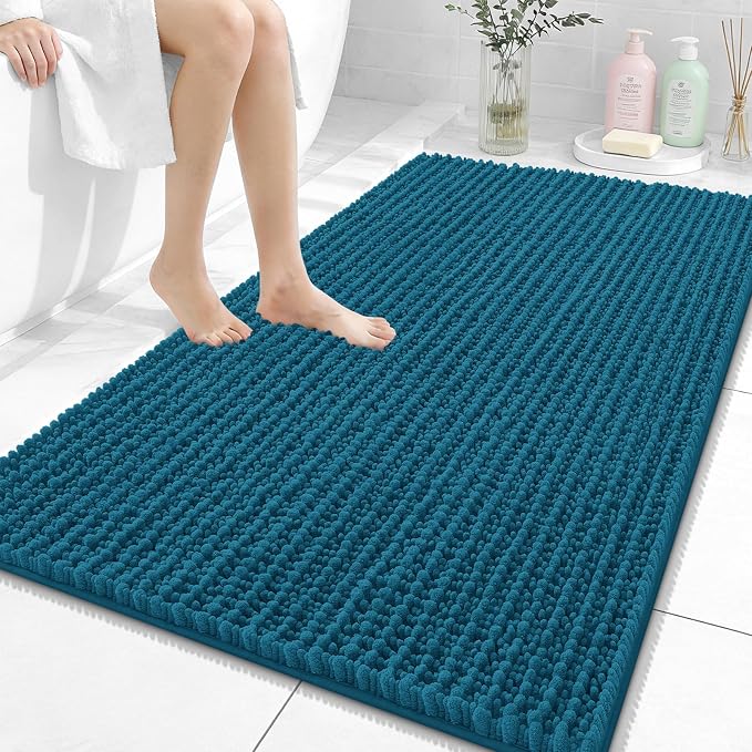 OLANLY Bathroom Rug Mat 44x32, Thick Soft and Absorbent Chenille Bath Mat, Non-Slip Rubber Backing, Machine Washable Quick Dry Bath Rugs for Tub Shower Floor, Home Decor Accessories, Peacock Blue