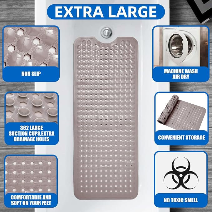 MOONFLY Shower and Bathtub Mat,40x16 Inches,Extra Long Non Slip Mats with Suction Cups and Drain Holes, Machine Washable and Anti Slip Bathmats, Bathroom Mats for Tub Nonslip (Tan)