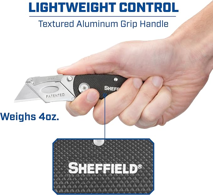 Sheffield Folding Utility Knife, Accepts Standard Utility Knife Blades, Box Cutter Aluminum Handle, Razor Blades Included, For Home, Office, Trades, and Warehouse