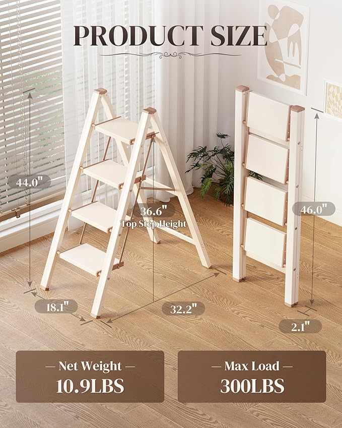 4 Step Ladder, Folding Step Stool with Wider Pedal, Anti-Slip Feet & Non Slip Stripes, Aluminum Sturdy Material, 300Lbs Capacity, Elegant Look of Cream Chocolate Better Matches Your Home