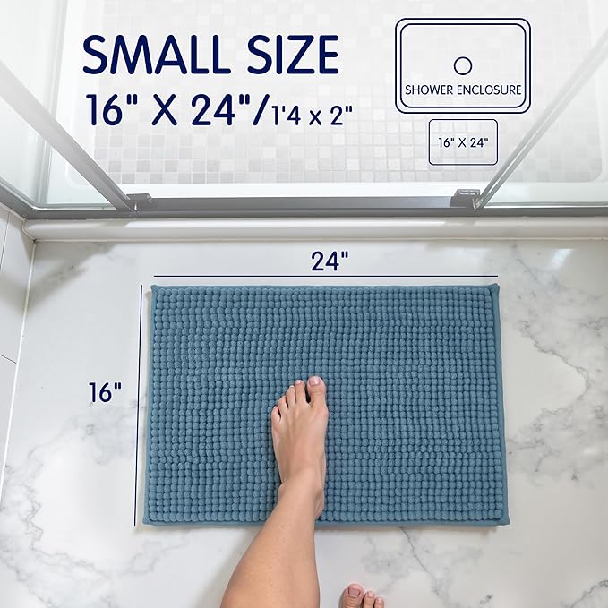 SUBRTEX Bathroom Rugs Chenille Bath Rug Soft Short Plush Bath Mat Soft Shower Mat Water Absorbent Shower Mat Quick Dry Machine Washable(Stone Blue,18" x 24")
