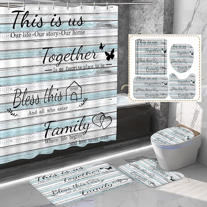 4Pcs Family Shower Curtain Sets with Non-Slip Rugs, Toilet Lid Cover and Bath Mat, Wood Grain Home Bathroom Decor Set Accessories Waterproof Shower Curtains with 12 Hooks, 72 x 72 Inch