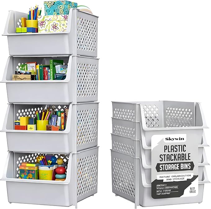 TidyFriend 4 Pack Stackable Storage Bins Open Front for Pantry Organizers and Storage, Pantry Storage for Food, Kitchen and Home Organization, Plastic Storage Bins, Dorm Room Essentials (Light Grey)
