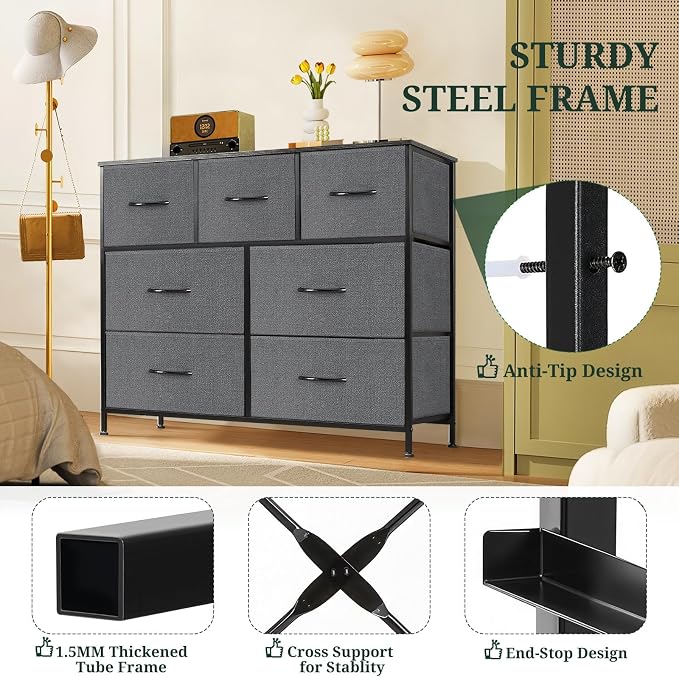 7-Drawer Dresser for Bedroom, Anti-Tip Wide Storage Organizer Fabric Chest of Drawers TV Stand for 45" TV with Wooden Top and Metal Frame for Closet, Living Room, Hallway, Entryway, Gray