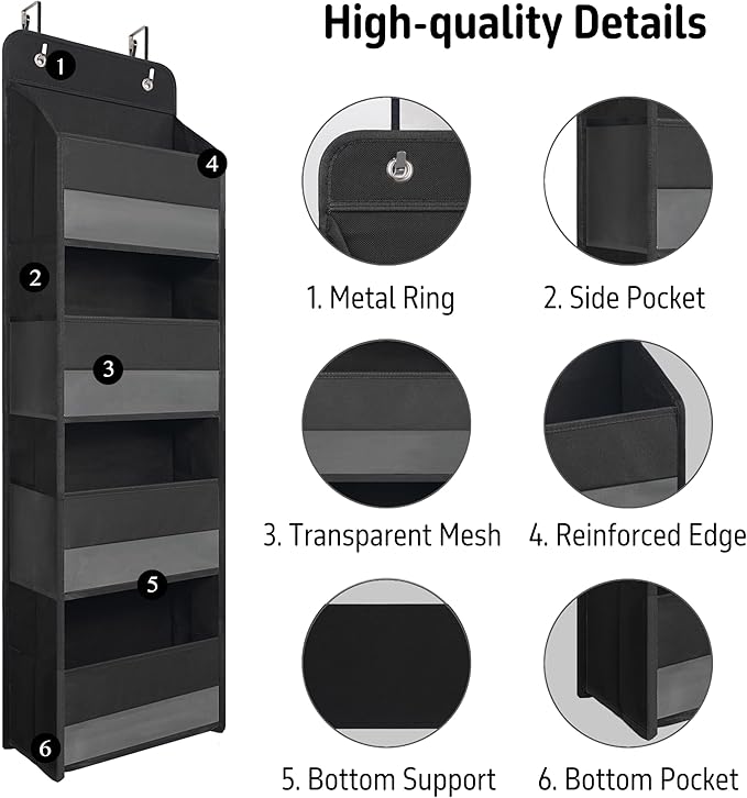 TYMENSH Black Over Door Organizer with 4 Large Clear Pockets, Compact Black Hanging Door Storage for Closet, Bathroom, Bedroom, Dorm, Nursery, Toys, Cosmetics, Baby Essentials