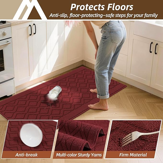 COSY HOMEER Kitchen Rugs 24"x35" Non-Slip Washable Kitchen Mats for Floor Polypropylene Absorbent Kitchen Floor Mat for Kitchen Sink Entryway,Red