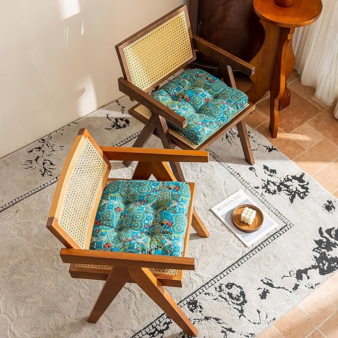 vctops Boho Geometric Chair Cushions with Ties U-Shaped Soft Cozy Cotton Linen Chair Pads Non Slip Seat Cushions for Indoor Dining Room and Kitchen Chairs (Turquoise,16"x16")