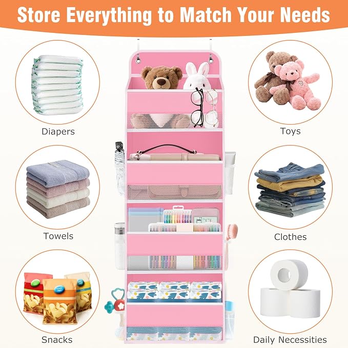 WISELIFE Over The Door Organizer Storage 4 Shelves Large Capacity Hanging Bedroom Storage Solution with 6 Side Pockets for Dorm Bathroom Pantry Nursery and Baby Essentials Holds up to 40 Lbs (Pink)