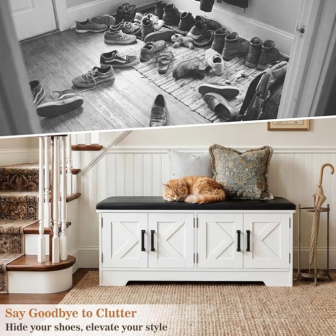 Farmhouse Shoe Storage Bench with Cushion - 43.3" Entryway Bench with Storage & 4 Barn Doors, 2-Tier Wooden Shoe Rack Bench, Hidden Shoe Cabinet & Mudroom Bench for Bedroom Hallway Living Room, White