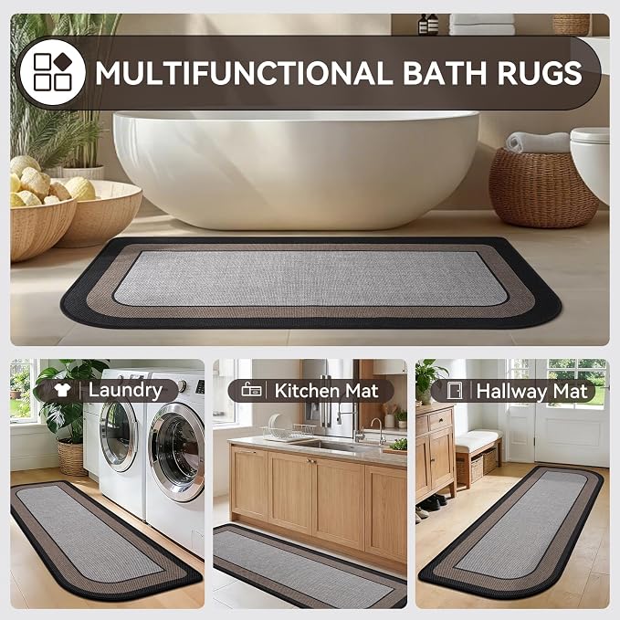 YDKGL Bathroom Runner Rug, Thin Bath Mat Non Slip Washable Large Bathroom Rugs, Rubber Backing Quick Dry for Floor, Tub and Shower, Grey Black 24x70