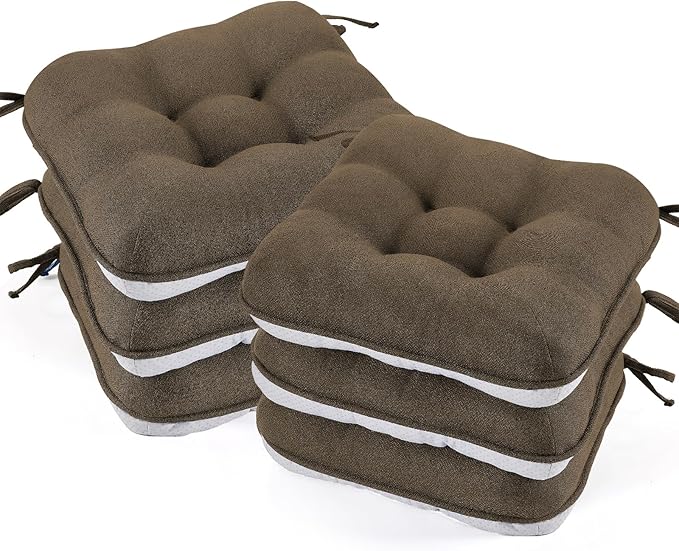 BETU Chair Cushions for Dining Chairs Set of 6,3.5" Thick Kitchen Table Chair Pads with Ties,Non Slip Backing and Covers, Seat Cushion for Dining Room,Bar,Patio Chairs,15.5"X15.5"X3.5",Brown