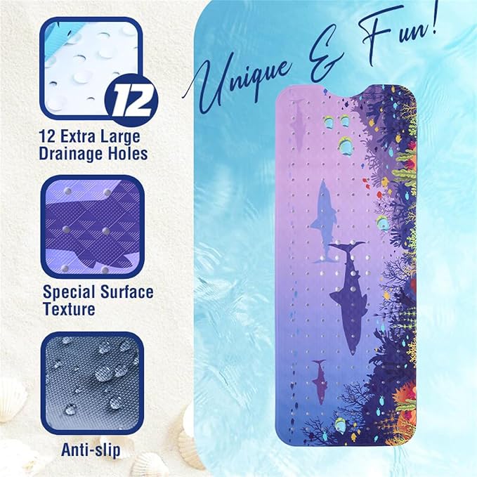 Blue Sea Bathtub Mat Non Slip for Kids 40x16in Extra Long Shark Ocean Whale Tropical Fish Anti Slip Shower Mat for Bathroom with Large Drain Holes and Suction Cups Quality Bath Mats and Bathtub Decor