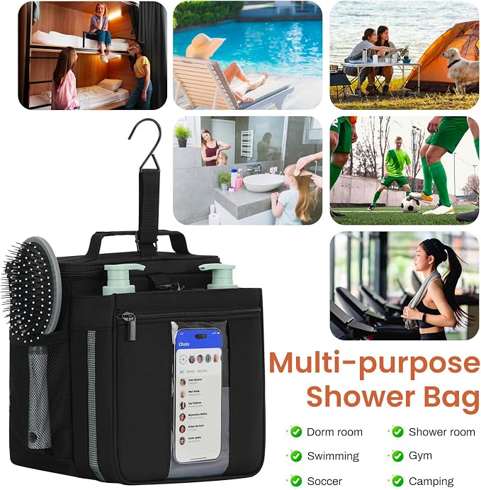 Shower Caddy Dorm Portable 2 Compartment Shower Bag Quick Dry,College Dorm Room Essentials for Guys Girls,Hanging Shower Organizer for Camping,Gym,Men,Women,Black