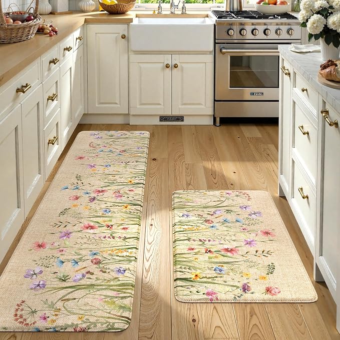 KIMODE Kitchen Anti Fatigue Mats, Farmhouse Flower Kitchen Rugs Sets of 2, Memory Foam Kitchen Mats for Floor, Waterproof Non Skid Standing Mats for Sink Laundry Office Desk Brown 20"x71"+20"x32"