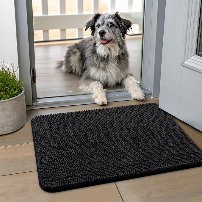 Smiry Dog Door Mat for Muddy Paws 24x16, Absorbent Dirt Trapper, Non-Slip Washable Chenille Entryway Rug for Inside Floor, Black, Classic Solid