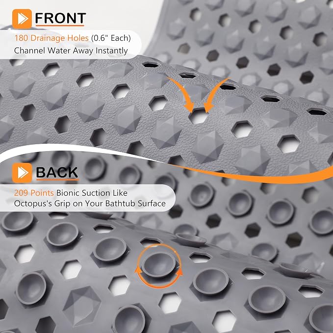 Yimobra Bathtub Mat Non Slip, 27.5"X15.5" Machine Washable Shower Floor Mat, Soft on Feet, Bathmat with Drain Holes and Suction Cups, Bathroom Essentials, Grey