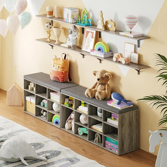 DINZI LVJ Shoe Bench, 9 Cubbies Shoe Organizer for Entryway, Storage Bench with Cushion, Cubby Shoe Rack with Adjustable Shelves for Living Room, Bedroom, Mudroom, Hallway, Gray Wash