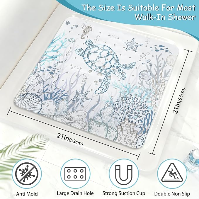Sea Turtle Square Anti Slip Shower Mats for Inside Shower Accessories, Cute Bath Mats for Bathroom Non Slip Shower Floor Mat Decor Rubber Bathmat With Suction and Drain Holes Machine Washable, 21″X21″