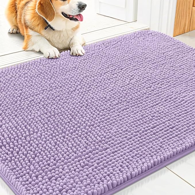 Smiry Dog Door Mat for Muddy Paws 30x20, Absorbent Dirt Trapper, Non-Slip Washable Chenille Entryway Rug for Inside Floor, Lavender, Classic Solid