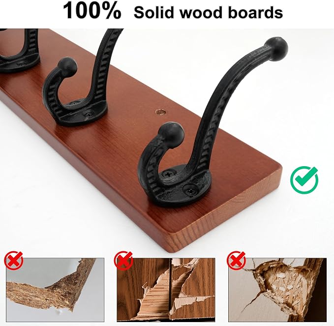 WEBI Rustic Coat Rack Wall Mount,24" Long 6 Cast Iron Coat Hooks Wall Mounted,Heavy Duty Wood Wall Coat Hanger Hooks for Hanging Coats,Jacket,Clothes,Backpack,Farmhouse,Cherry