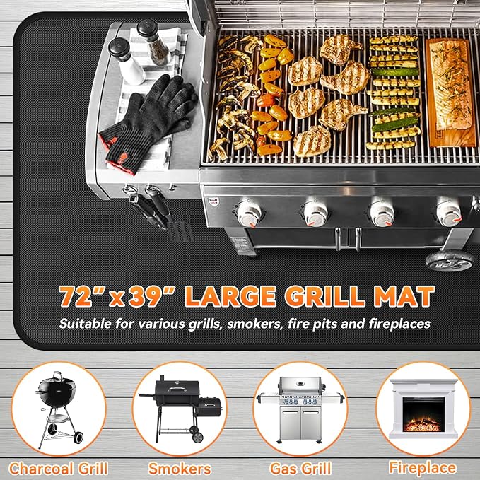 Under Grill Mats for Outdoor Grill - 72 x 39 Inch BBQ Mats for Outdoor Grill Deck Protector, Double-Sided Fireproof Oil-Proof Waterproof, Easy to Clean, Perfect for Outdoor Grilling