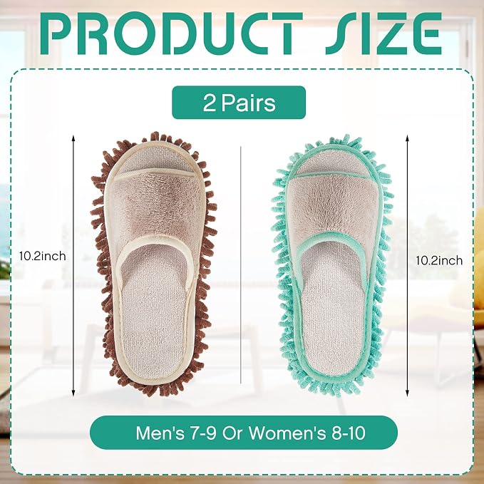 Jecery 2 Pairs Microfiber Cleaning Mop Slippers for Floor Cleaning House Mop Shoes Men and Women Washable Unisex Dusting Slippers Dirt Tool Supplies(Medium,Green, Coffee)