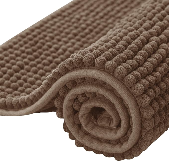 SUBRTEX Bathroom Rugs, 24" x 36" Chenille Bath Rug Soft Short Plush Bath Mat Soft Shower Mat Water Absorbent Shower Mat Quick Dry Machine Washable, Brown