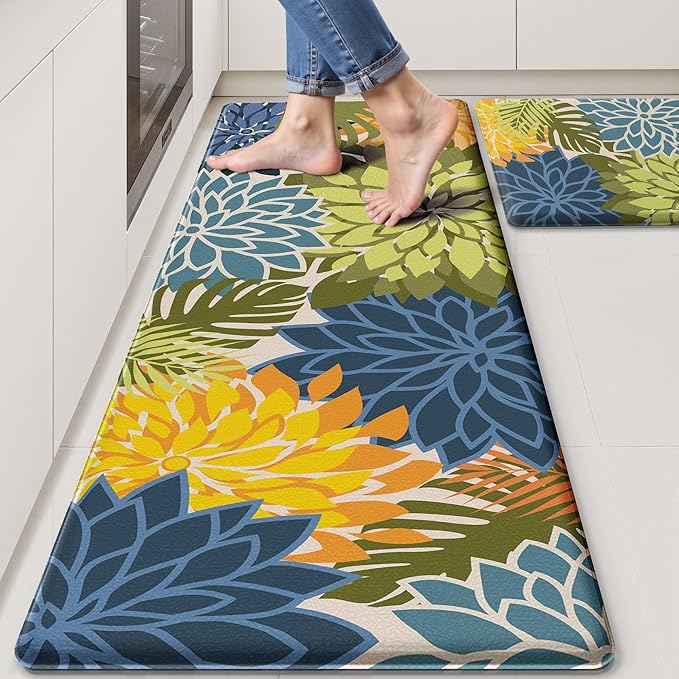 Arenarug Kitchen Mats for Floor 2PCS Cushioned Anti Fatigue Kitchen Mats Waterproof Non Slip Kitchen Mat Rug Set Comfort Foam Standing Mat for Sink, Laundry, Office, Yellow Green