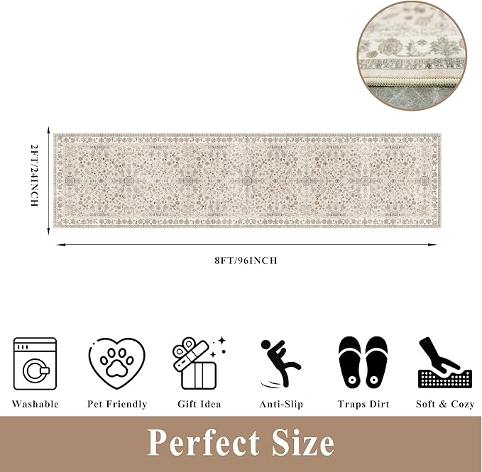 2x8ft Kitchen Runners Rugs Non Skid Washable – Boho Floral Stain-Resistant Low-Pile Carpet Runner for Hallway, Bathroom, Bedroom, Entryway (Beige, 2x8)