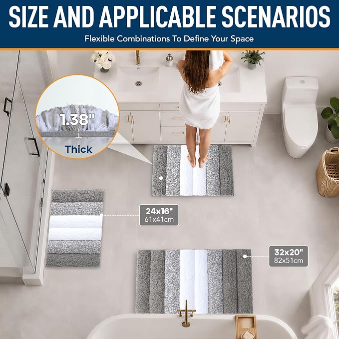 XIYUNTE Thick Bathroom Rug Set of 2 Piece, 32"x20"+24"x16" Extra Soft Microfiber Gray and White Bath Rugs, Quick Dry Super Absorbent Rubber Backing Non Slip Washable Bath Mats for Floor Tub Shower